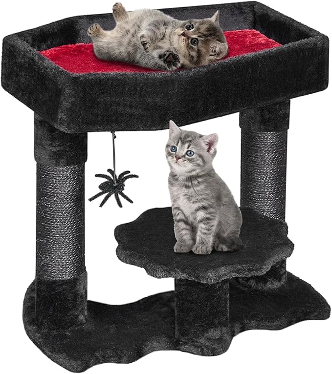 BEWISHOME Larger Cat Tree Tower for Indoor Heavy Gothic Cat Trees with Coffin Bed, Gothic Cat House with Scratching Posts, Cat Shelves for Kitten, Spider Toy, Spooky Coffin Black with Red MMJ91L
