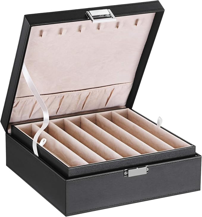 BEWISHOME Necklace Organizer Box Necklace Storage Organizer for Chains, Bracelets - 12 Compartments (7 regular + 5 large), 6 Hooks, 2 Layers - Jewelry Box for Women Girls,Black SSH31B
