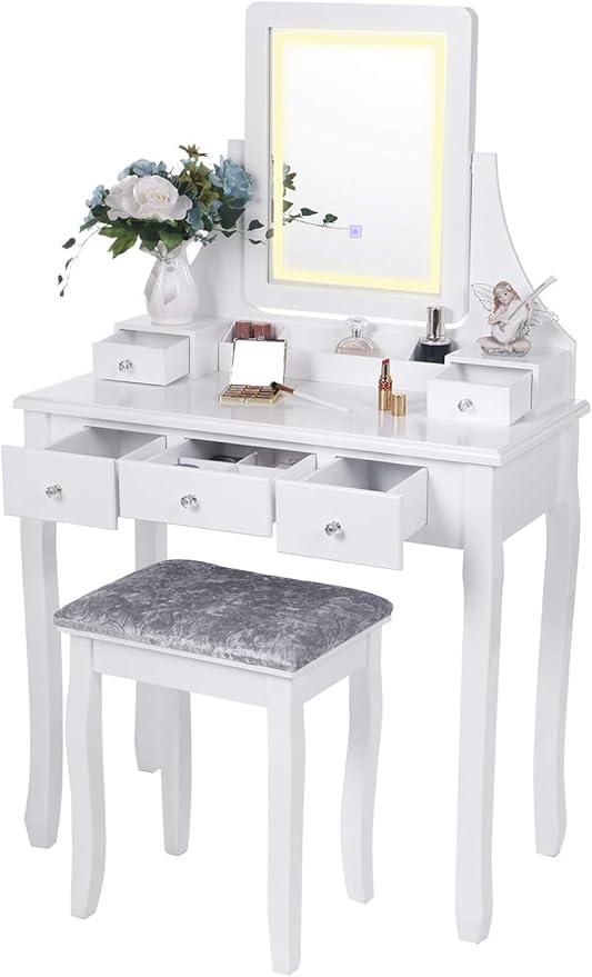 BEWISHOME Vanity Set with Lighted Mirror Dimming, Touch Screen Switch & Cushioned Stool Dressing Table Makeup Vanity Makeup Table 5 Drawers 2 Dividers Removable Organizers, Vanity Desk White FST07W
