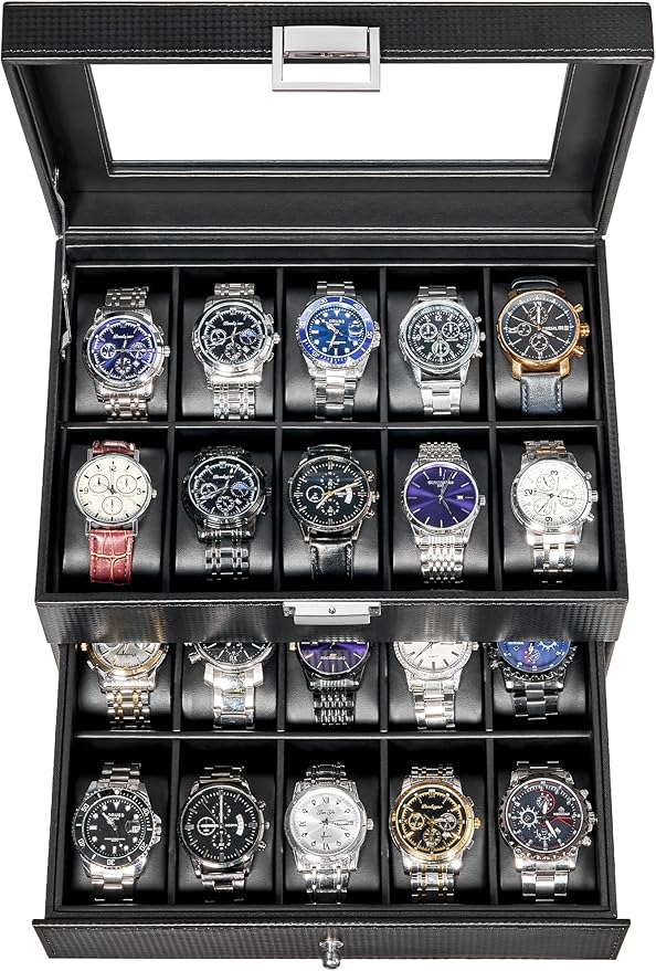 BEWISHOME Watch Case, 20-Slot Watch Box Organizer for Men Watch Case with Large Glass Lid Watch Travel Case Removable Watch Pillows, Mens Jewelry Box Watch Display Case, Watch Storage, Black SSH04C

