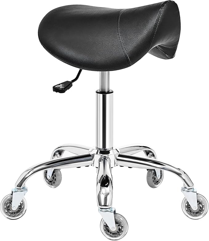Saddle Stool with Wheels, Swivel Adjustable Rolling Stool,Heavy Duty PU Leather Wide Thick Seat Padding Ergonomic Chair for Beauty Salon Spa Clinic(Black) BMD01B